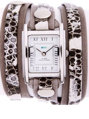 La Mer Grey and Black Snake-Print Leather Wrap Strap Watch EUC